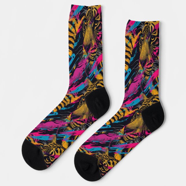 Electric Jungle - Fierce Psychedelic Tiger Socks (Left)