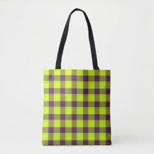 Electric Lime and Livid Brown Plaid Tote Bag