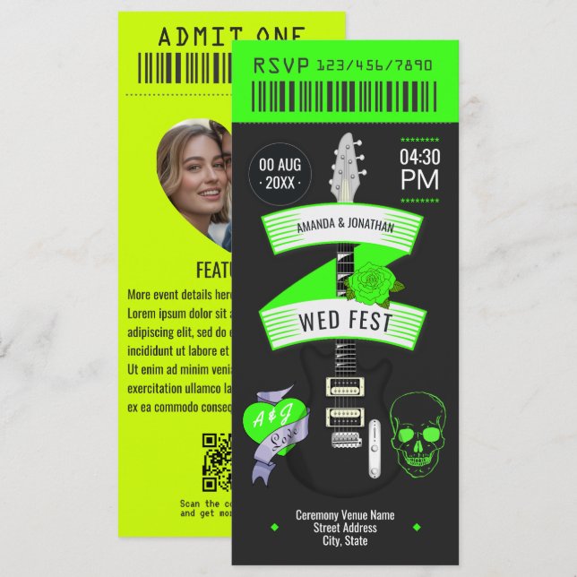 Electric Lime Rock ’n’ Roll Wedding Ticket Invitation (Front/Back)