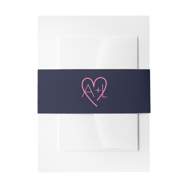 Electric Love Neon Pink Heart & Monogram Invitation Belly Band (Front Example)