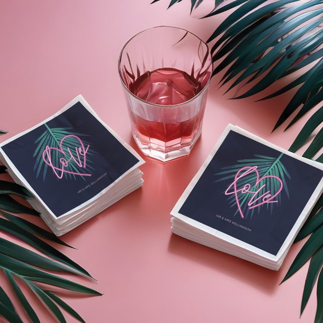 Electric Love Neon Pink Heart & Tropical Palm Leaf Napkin (Electric Love Neon Pink Heart & Tropical Palm Leaf Napkins)