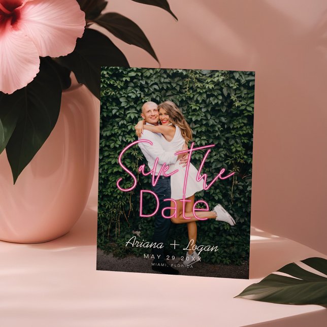 Electric Love Neon Pink Heart & Typographic Photo Save The Date (Electric Love Neon Pink Heart & Typographic Photo Save The Date)