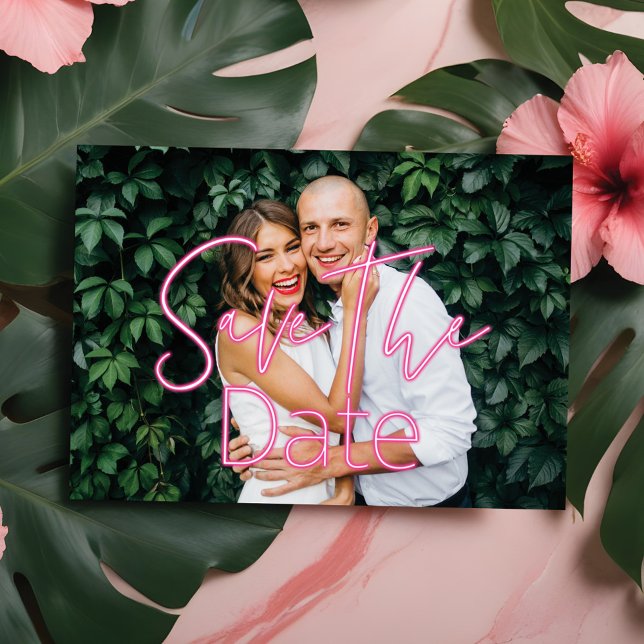 Electric Love Neon Pink Heart & Typographic Photo Save The Date (Electric Love Neon Pink Heart & Typographic Photo Save The Date)