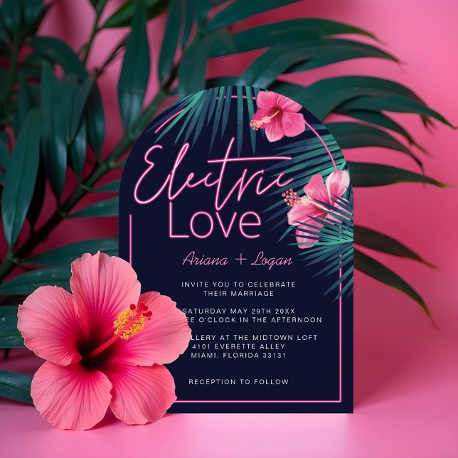 Electric Love Neon Pink Tropical Retro Wedding Invitation (Electric Love Neon Pink Tropical Retro Wedding Invitation)