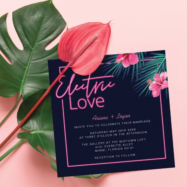 Electric Love Neon Pink Tropical Retro Wedding Invitation (Electric Love Neon Pink Tropical Retro Wedding Invitation)