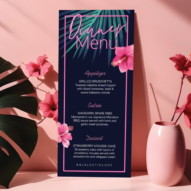 Electric Love Neon Pink Tropical Retro Wedding Menu (Electric Love Neon Pink Tropical Retro Wedding Menu)