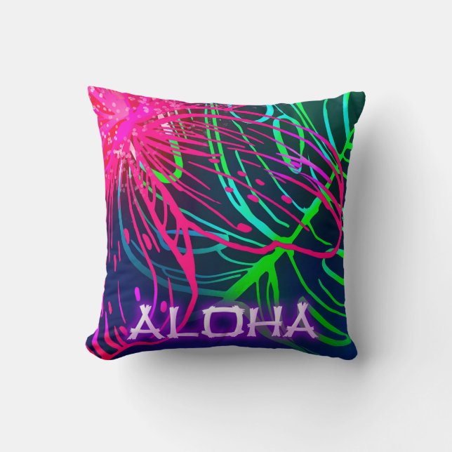 Electric Luau Tropical Night Neon Aloha Cushion (Front)
