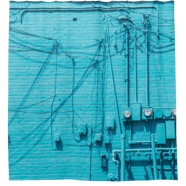 ELECTRIC METER ON BLUE BRICK WALL SHOWER CURTAIN (Front)