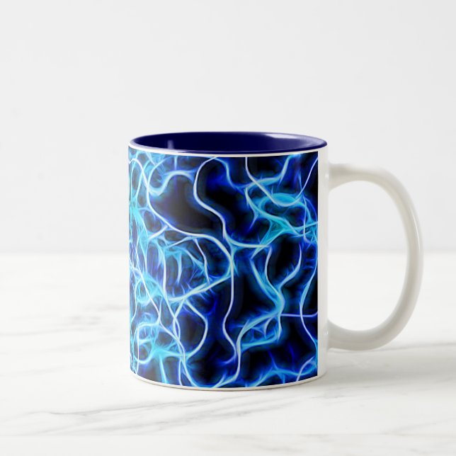 Electric Neon Blue Tesla Coil Lightning Two-Tone Coffee Mug (Right)
