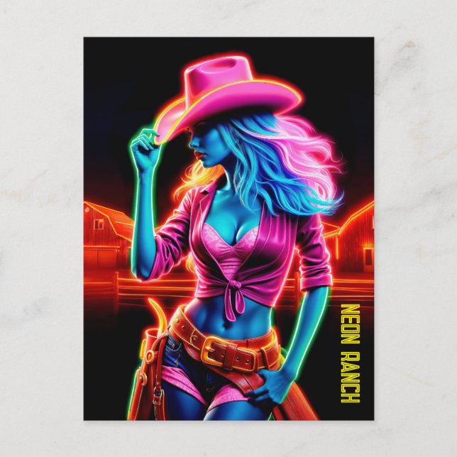 Electric neon farm girl in pink hat under night postcard (Front)