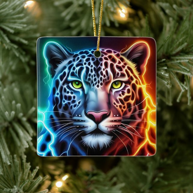 Electric Neon Leopard - Glowing Animal Design  Ceramic Ornament (Tree)