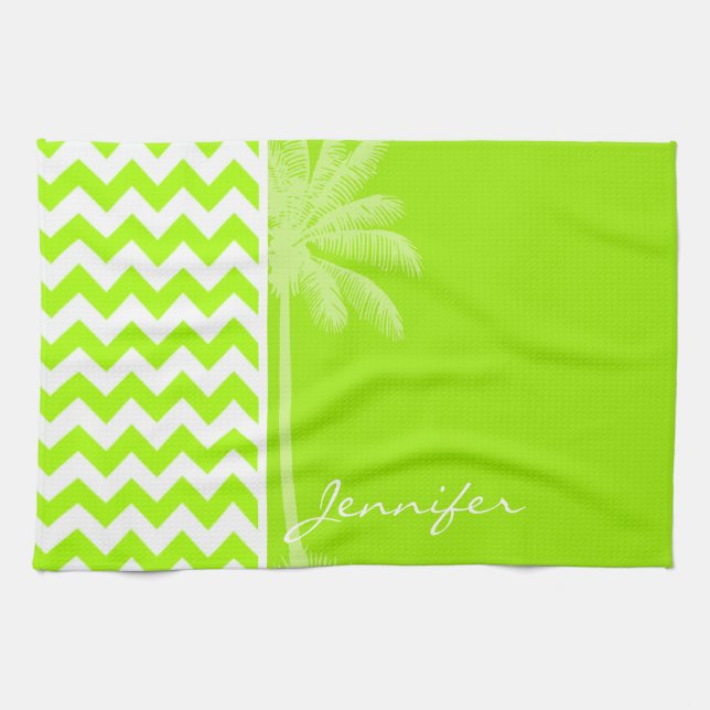 Electric Neon Lime Green Chevron; Tropical Palm Tea Towel (Horizontal)