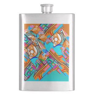 Electric Orange & Cyan Dreams — Abstract Pop Desig Hip Flask