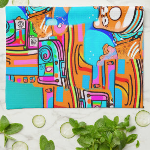 Electric Orange & Cyan Dreams — Abstract Pop Desig Tea Towel