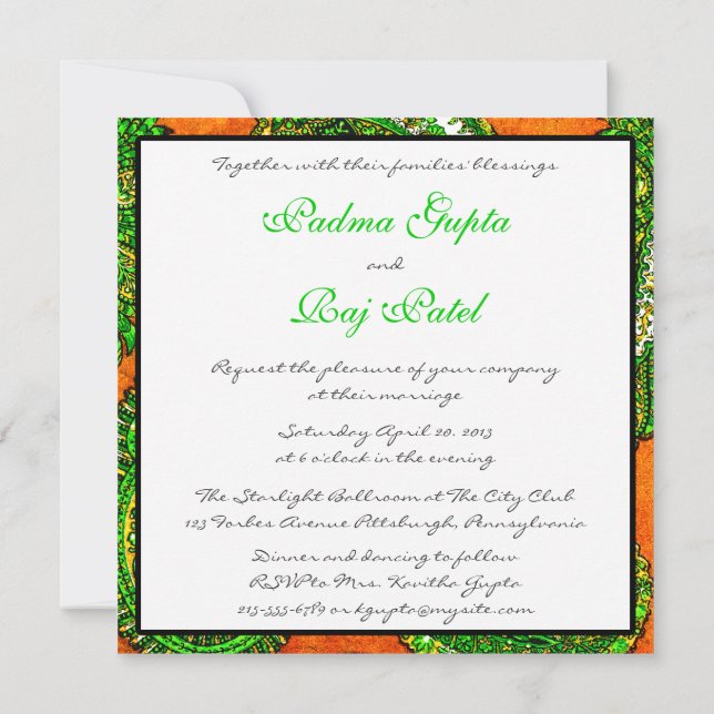 Electric Orange & Green Paisley Wedding Invitation (Back)