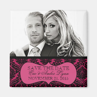 Electric Pink Lavish Damask Save the Date Magnet