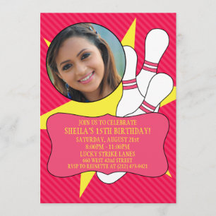 Electric Pink No Time To Spare Bowling Party Photo Invitation