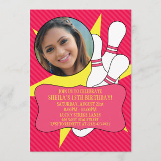 Electric Pink No Time To Spare Bowling Party Photo Invitation