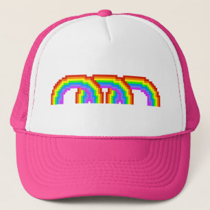 Electric Pink Retro Pixel Art Rainbow Happy Hat