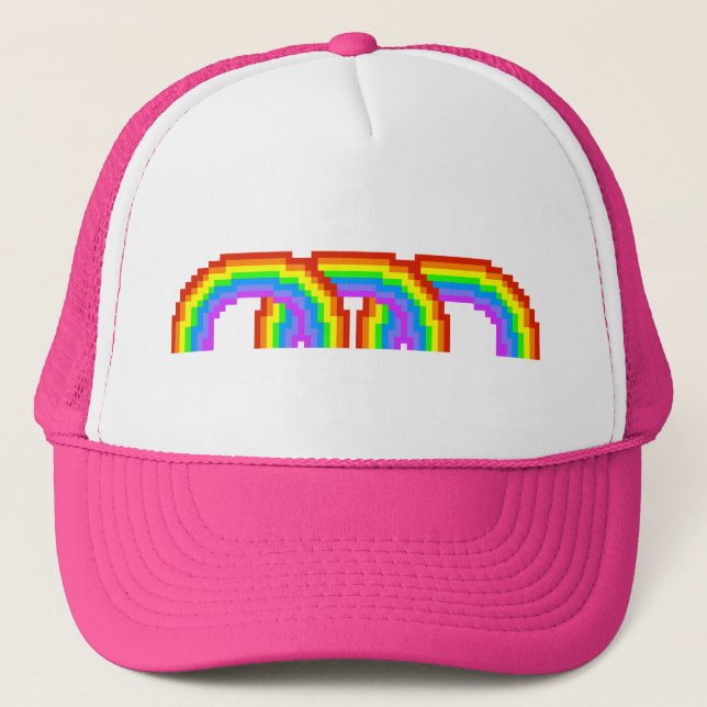Electric Pink Retro Pixel Art Rainbow Happy Hat (Front)