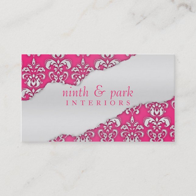 Electric Pink Ripped Damask Interior Design Business Card (Front)
