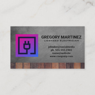 Electric Plug Icon   Wood Leather Background Business Card