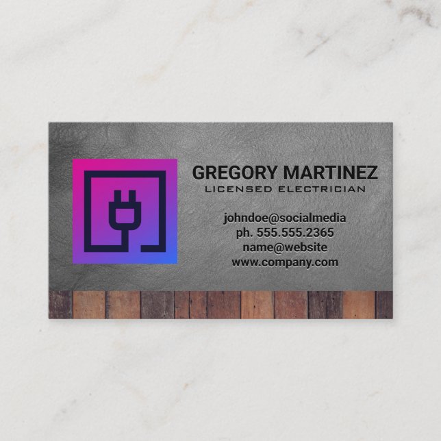 Electric Plug Icon | Wood Leather Background Business Card (Front)