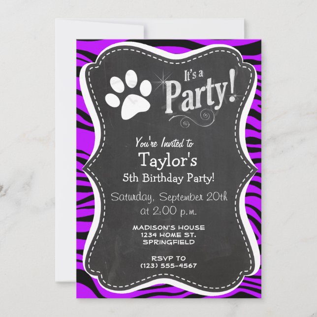 Electric Purple Zebra Stripes; Paw Print Invitation (Front)