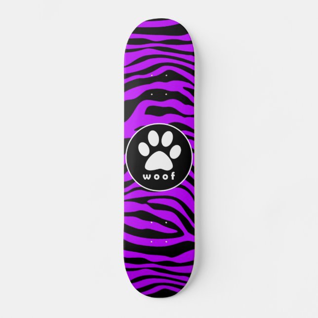 Electric Purple Zebra Stripes; Paw Print Skateboard (Front)