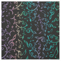 Electric Rainbow Notes and Clefs on Black Fabric