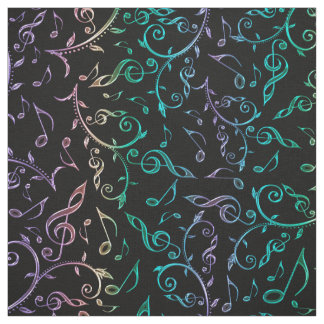 Electric Rainbow Notes and Clefs on Black Fabric