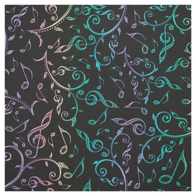 Electric Rainbow Notes and Clefs on Black Fabric (Swatch)