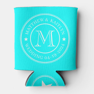 Electric Retro Cyan Wedding Monogram Star Can Cooler