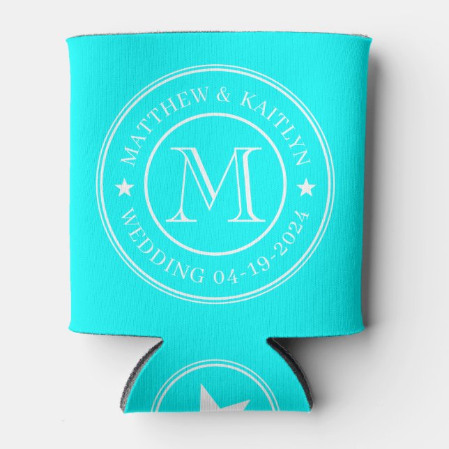 Electric Retro Cyan Wedding Monogram Star Can Cooler (Front)