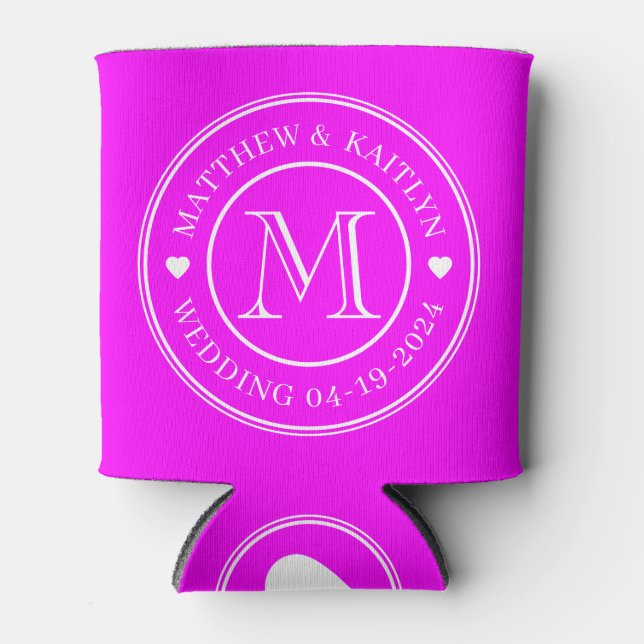 Electric Retro Pink Wedding Monogram Heart Can Cooler (Front)