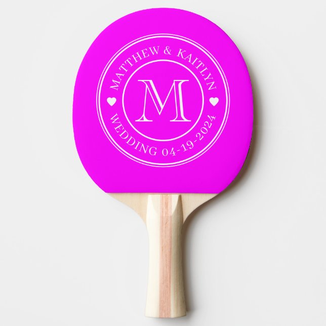 Electric Retro Pink Wedding Monogram Heart Ping Pong Paddle (Front)