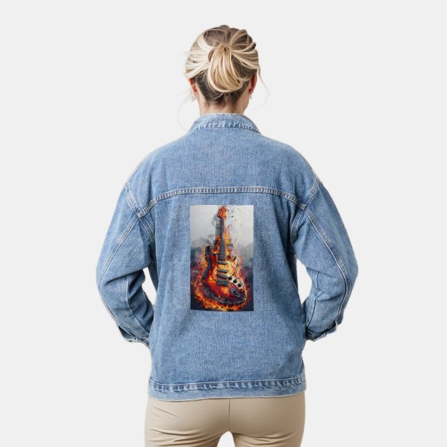 Electric Rockin' Guitar on Fire Denim Jacket (Model)