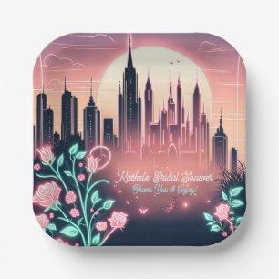 Electric Roses Futuristic  Neon Bridal Shower  Paper Plate