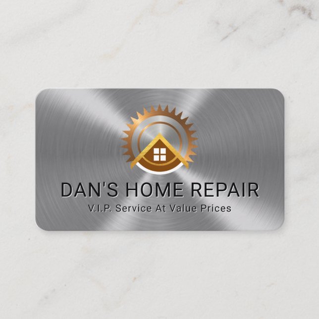 Electric Saw Rooftop On Silver Metallic Layer Business Card (Front)