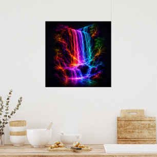 Electric Spectrum Waterfall with Luminous Trees Poster