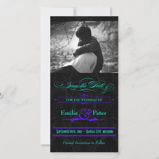 Electric Teal & Purple Photo Save the Date (Front)