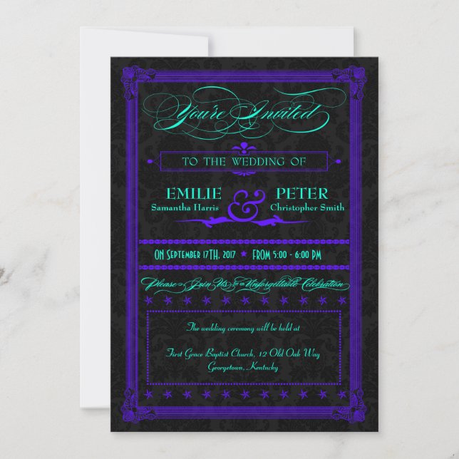 Electric Teal & Purple Poster Style Wedding Invitation (Front)