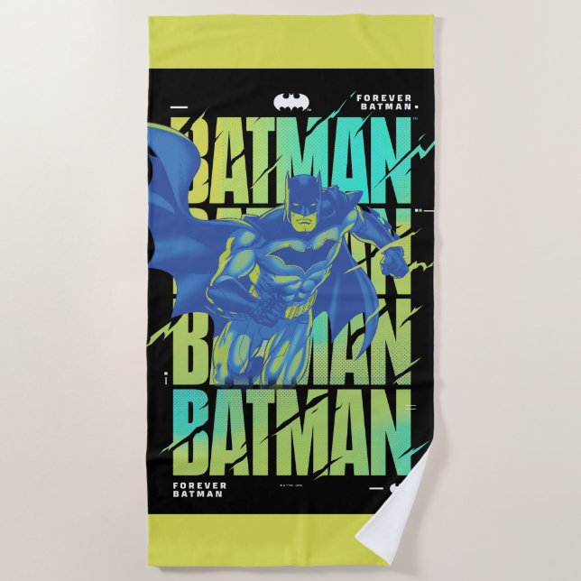 Electric Up Batman Running Through Typography Beach Towel (Front)