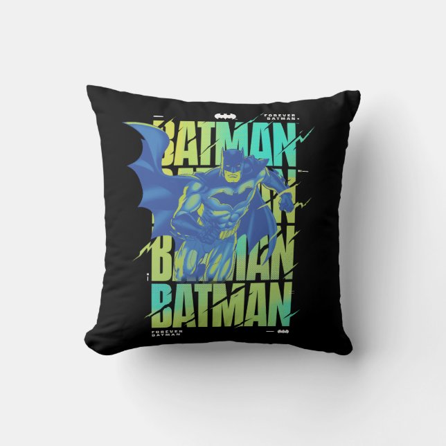Electric Up Batman Running Through Typography Cushion (Front)