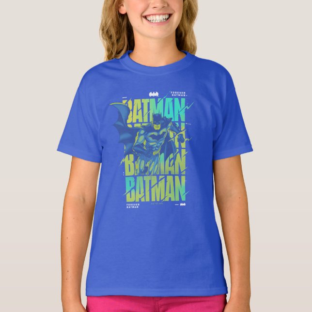 Electric Up Batman Running Through Typography T-Shirt (Front)
