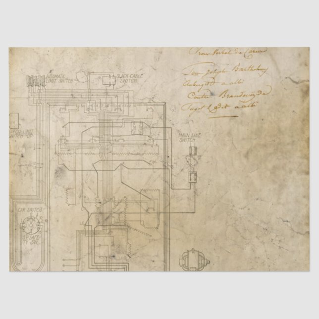 Electrical Schematic Drawing on Brown Decoupage Tissue Paper (Front)