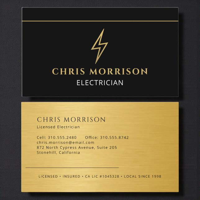 Electrician Black Gold Metallic Contractor Business Card (Creator Uploaded)