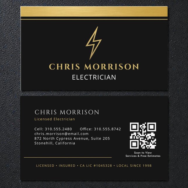 Electrician Black & Gold Metallic QR Code Business Card (Creator Uploaded)