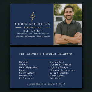 Electrician Navy Blue Gold Photo Business Card
