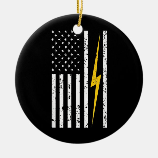 Electrician Patriotic American USA Flag Lineman  Ceramic Tree Decoration (Front)